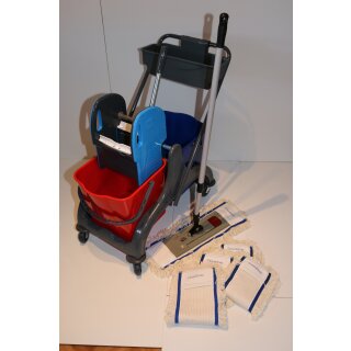 CleanSV Aura2 Reinigungswagen mit Ablage, Wischset mit 50 cm Profi Klapphalter, 5 x 50 cm CleanSV Baumwolllmops und Telekopstiehl