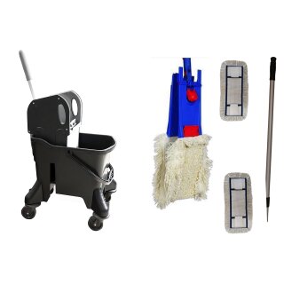 CleanSV Reinigungswagen Wischset Profi Laschenmop black 50 cm - 24 Liter 3 x Laschenmop, 1 x Laschenmophalter 1 x Teleskopstiehl