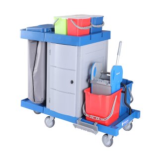 CleanSV® BAY Servicewagen Schrank mit Schlüssel  PE, Reinigungswagenmit  2 x 16 Liter Eimer Abfallsammler Mülltrennung, 4 x 6 L. Eimer, Moppresse