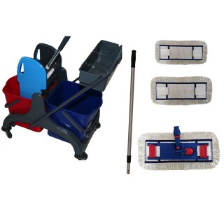 CleanSV® Wischset PE Laschenmop 40 cm Lamo, Ablage, Reinigungswagen 2 x 18 Liter Eimer, Presse, Deichsel, 1 Laschenmop Halter Lamo, 3 x Laschenmop Baumwolle, Teleskopstiehl
